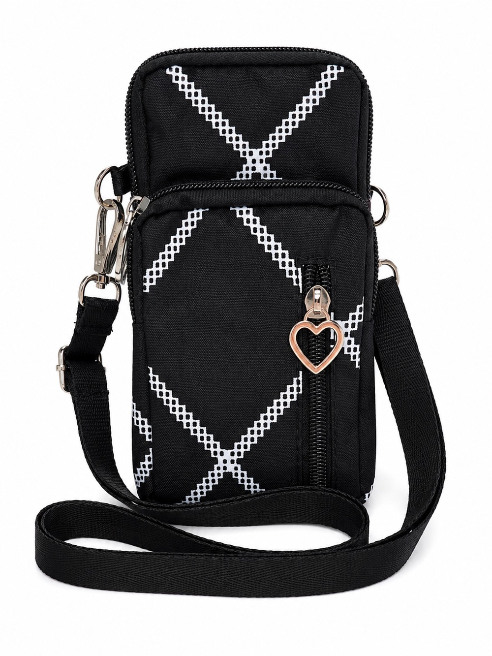 Black Patterned Crossbody Phone Bag with Heart Zip Pull